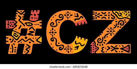 CZ Hashtag. Multicolored bright isolate curves doodle letters. Hashtag #CZ is abbreviation for the Czech Republic for social network, web resources, mobile apps.