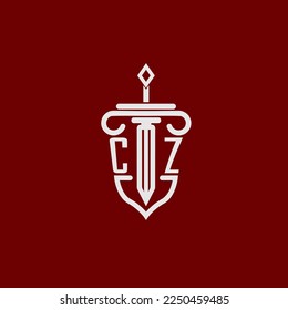 CZ initial logo monogram design for legal lawyer vector image with sword and shield