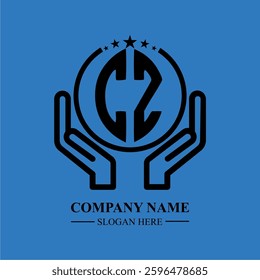 CZ initials held within hands, symbolizing trust and protection. The circle represents unity, while stars highlight excellence and ambition.