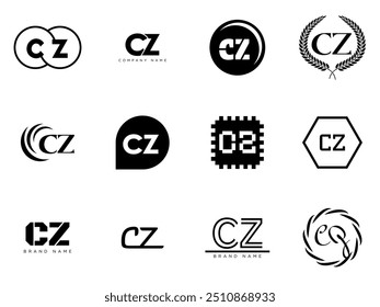 CZ logo company template. Letter c and z logotype. Set different classic serif lettering and modern bold text with design elements. Initial font typography. Collection trendy business identity.
