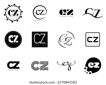 CZ logo company template. Letter c and z logotype. Set different classic serif lettering and modern bold text with design elements. Initial font typography. Collection trendy business identity.