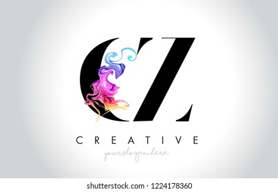 CZ Vibrant Creative Leter Logo Design with Colorful Smoke Ink Flowing Vector Illustration.