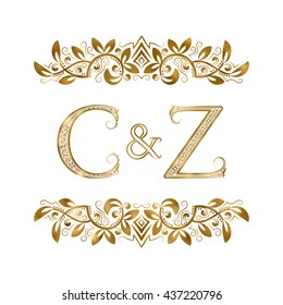 C&Z vintage initials logo symbol. The letters are surrounded by ornamental elements. Wedding or business partners monogram in royal style.