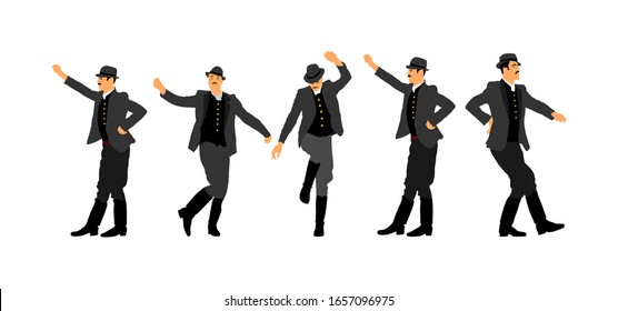 Czardas dancer vector illustration. Folklore of Hungary. Bavarian man on October fest. Polka dance performer.  East Europe traditional festival attraction. Man dancing wedding dance. Balkan culture.