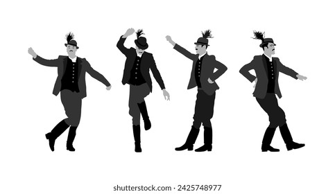 Ilustración vectorial de bailarina de Czardas. Folklore de Hungría. Hombre bávaro en el festival de octubre. Bailarina de polca.  Atracción de festivales tradicionales de Europa del Este. Baile nupcial de hombre bailando. La cultura balcánica.