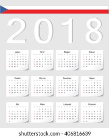 Czech 2018 vector calendar with shadow angles. Week starts from Sunday.