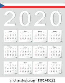 Czech 2020 vector calendar with shadow angles. Week starts from Sunday.