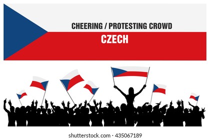 Czech 5 silhouettes of cheering or protesting crowd of people with Czech flags and banners.