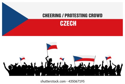 Czech 5 silhouettes of cheering or protesting crowd of people with Czech flags and banners.