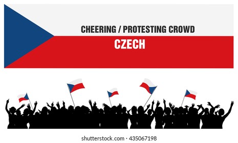 Czech 5 silhouettes of cheering or protesting crowd of people with Czech flags and banners.