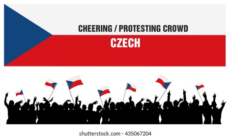 Czech 5 silhouettes of cheering or protesting crowd of people with Czech flags and banners.