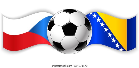 Czech and Bosnian wavy flags with football ball. Czech Republic combined with Bosnia and Herzegovina isolated on white. Football match or international sport competition concept.