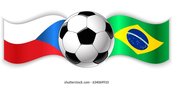Czech and Brazilian wavy flags with football ball. Czech Republic combined with Brazil isolated on white. Football match or international sport competition concept.