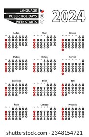 Czech calendar 2024 with numbers in circles, week starts on Sunday. 2024 with flag of Czech Republic Vector illustration.