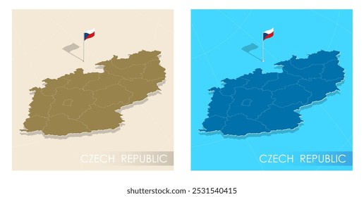 Czech country flag installed on geographic positioning map point of country territory. Czech commonwealth banner on land and sea. Festive patriotic HD format template for independence day