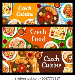 Czech cuisine banners. Pickled sausage Utopenci, steak Tartare with sauces and toasts and fruit pie Kolache, pork stew goulash with bread dumplings, sweet dumplings Knedlikyand fried flatbread Langos