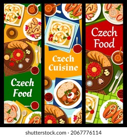 Czech cuisine banners. Steak Tartare with sauces and toasts, fruit pie Kolache and fried flatbread Langos, pork stew goulash with bread dumplings, sweet dumplings Knedlikyand pickled sausage Utopenci