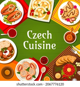 Czech cuisine menu cover. Steak Tartare with sauces and toasts, pork stew goulash with bread dumplings and pie Kolache, fried flatbread Langos, sweet dumplings Knedlikyand pickled sausage Utopenci