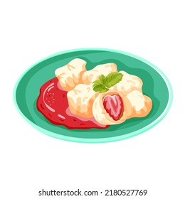 Czech dish dumplings with strawberries in flat style. Vector food illustration isolated on a white background.