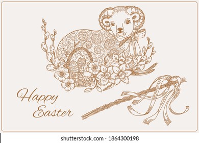 Czech Easter - Easter baked lamb cake, Willow braided rod, Egg Basket, flowers daffodils and willow with easter decorations. Hand draw Illustration for packaging, menu cards, posters, prints.	