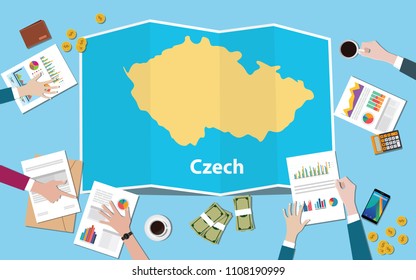 czech economy country growth nation team discuss with fold maps view from top vector illustration