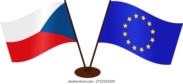 Las banderas checa y de la UE ondean sobre una sola base. Símbolo de unidad, asistencia mutua y Asistencia entre la UE y la República Checa.