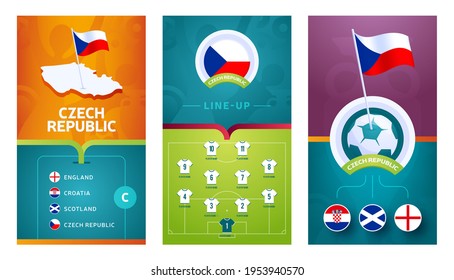 czech European 2020 football vertical banner set for social media. euro 2020 Czech Republic group D banner with isometric map, pin flag, match schedule and line-up on soccer field