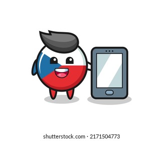czech flag badge illustration cartoon holding a smartphone , cute style design for t shirt, sticker, logo element