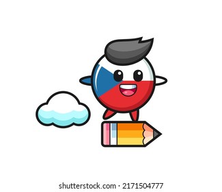 czech flag badge mascot illustration riding on a giant pencil , cute style design for t shirt, sticker, logo element