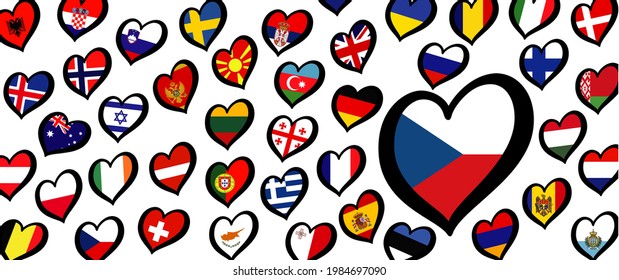 Czech flag and different countries flags with heart flags logo. For Europe, eurovision music song festival, contest. Music songs for vision dreams. Vector euro TV icon pattern. 