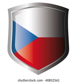 czech flag on metal shiny shield. Collection of flags on shield against white background. Isolated object.