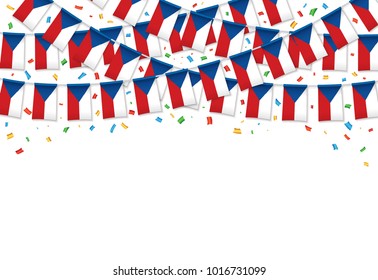 Czech flags garland white background with confetti, Hanging bunting for Czech Independence Day celebration template banner, Vector illustration