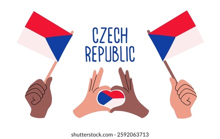 Czech flags illustration. Hands holding Czech flags and forming heart shape with fingers, filled with Czech flag. Text CZECH REPUBLIC. Ready for national celebration, Independence Day, travel themes.