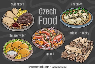Czech food. A set of classic dishes. Cartoon hand drawn illustration.
