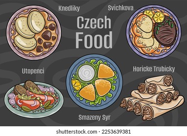 Czech food. A set of classic dishes. Cartoon hand drawn illustration.