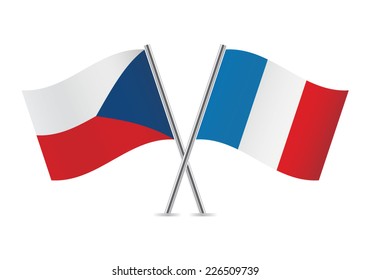 Czech and France crossed flags. Czech Republic and French flags on white background. Vector icon set. Vector illustration.