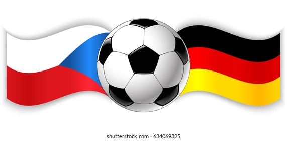 Czech and German wavy flags with football ball. Czech Republic combined with Germany isolated on white. Football match or international sport competition concept.