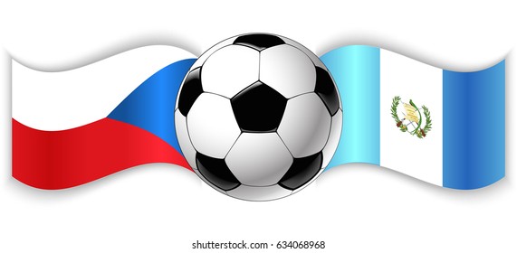 Czech and Guatemalan wavy flags with football ball. Czech Republic combined with Guatemala isolated on white. Football match or international sport competition concept.