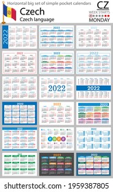Czech horizontal Big set of pocket calendars for 2022 (two thousand twenty two). Week starts Monday. New year. Color simple design. Vector