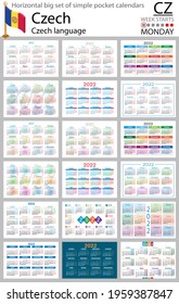 Czech horizontal Big set of pocket calendars for 2022 (two thousand twenty two). Week starts Monday. New year. Color simple design. Vector