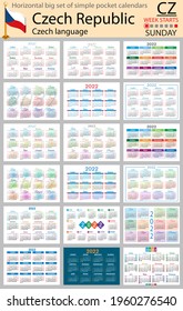 Czech horizontal Big set of pocket calendars for 2022 (two thousand twenty two). Week starts Sunday. New year. Color simple design. Vector