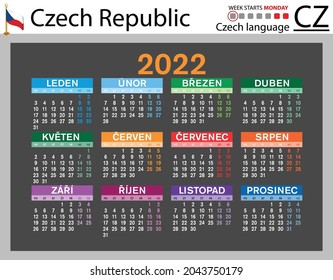 Czech horizontal pocket calendar for 2022 (two thousand twenty two). Week starts Monday. New year. Color simple design. Vector