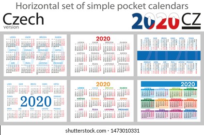 Czech horizontal set of pocket calendars for 2020 (Two thousand nineteen). Week starts Monday. New year. Color simple design. Vector