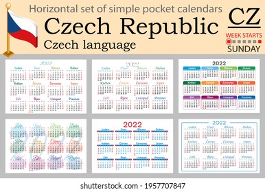 Czech horizontal set of pocket calendars for 2022 (two thousand twenty two). Week starts Sunday. New year. Color simple design. Vector