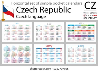 Czech horizontal set of pocket calendars for 2022 (two thousand twenty two). Week starts Monday. New year. Color simple design. Vector