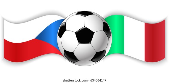 Czech and Italian wavy flags with football ball. Czech Republic combined with Italy isolated on white. Football match or international sport competition concept.