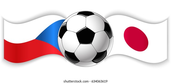 Czech and Japanese wavy flags with football ball. Czech Republic combined with Japan isolated on white. Football match or international sport competition concept.