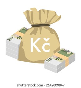 Czech Koruna Vector Illustration. Czech Republic money set bundle banknotes. Money bag 2000 CZK. Flat style. Isolated on white background. Simple minimal design.