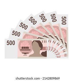 Czech Koruna Vector Illustration. Czech Republic money set bundle banknotes. Paper money 500 CZK. Flat style. Isolated on white background. Simple minimal design.