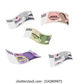 Czech Koruna Vector Illustration. Czech Republic money set bundle banknotes. Falling, flying money 500, 1000, 2000, 5000 CZK. Flat style. Isolated on white background. Simple minimal design.